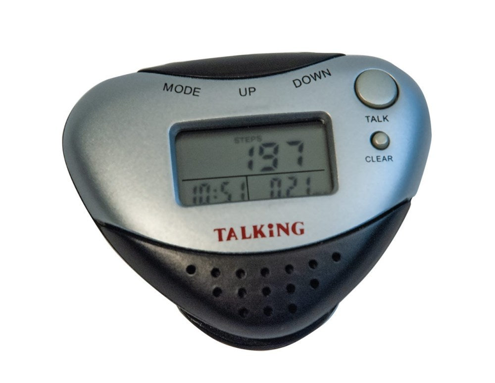 Talking pedometer with alarm showing step count and features.