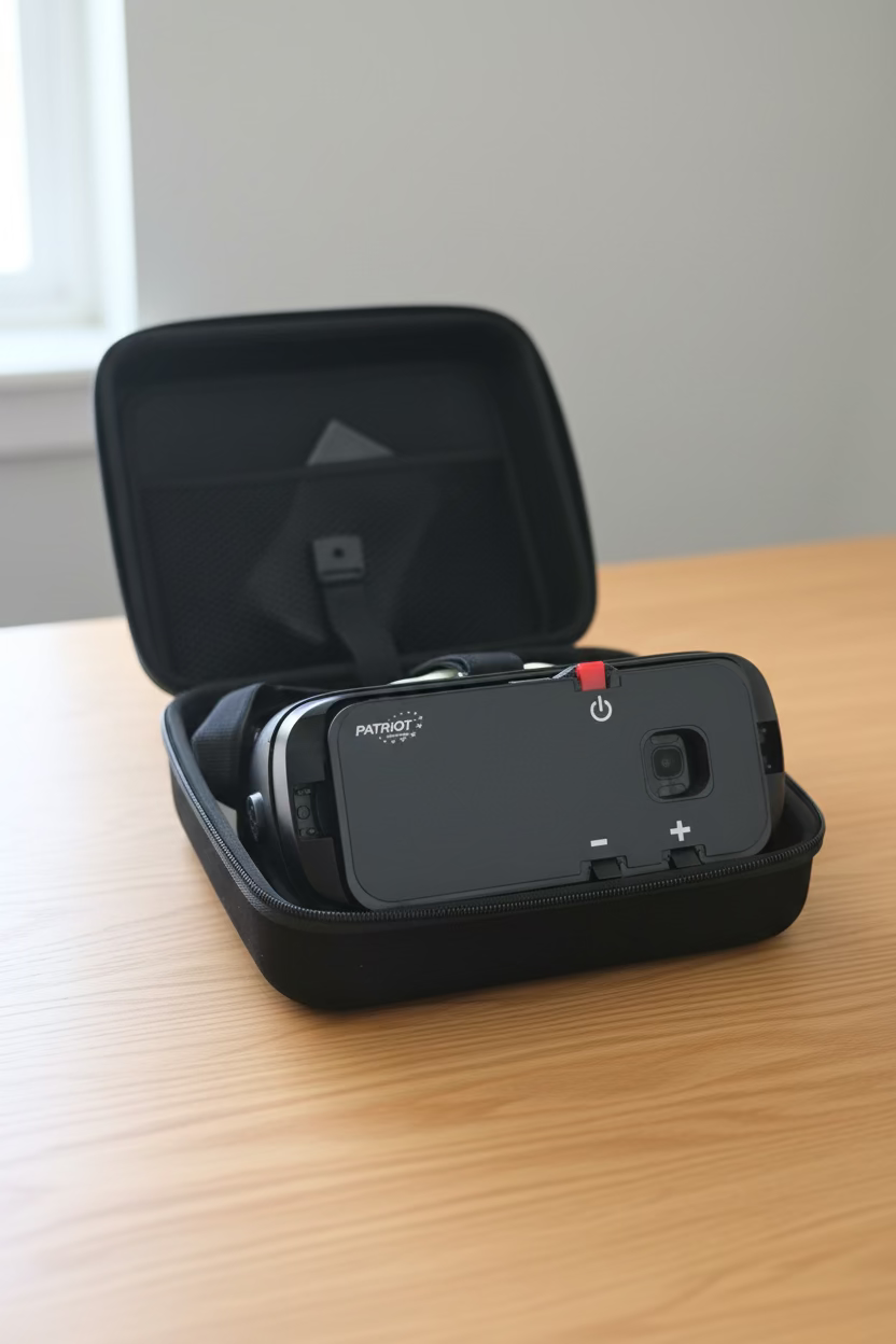 Black VR headset in an open case on a textured surface