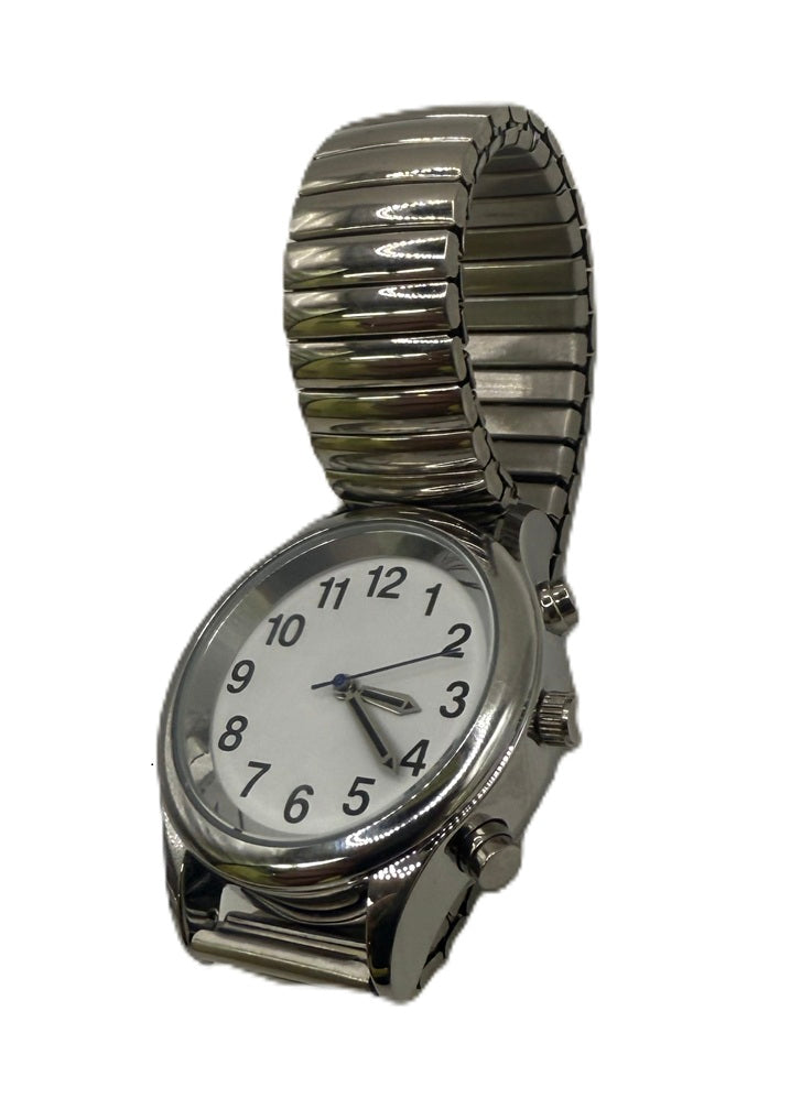 Two-Button Talking Women’s Watch – Silver Expandable Band