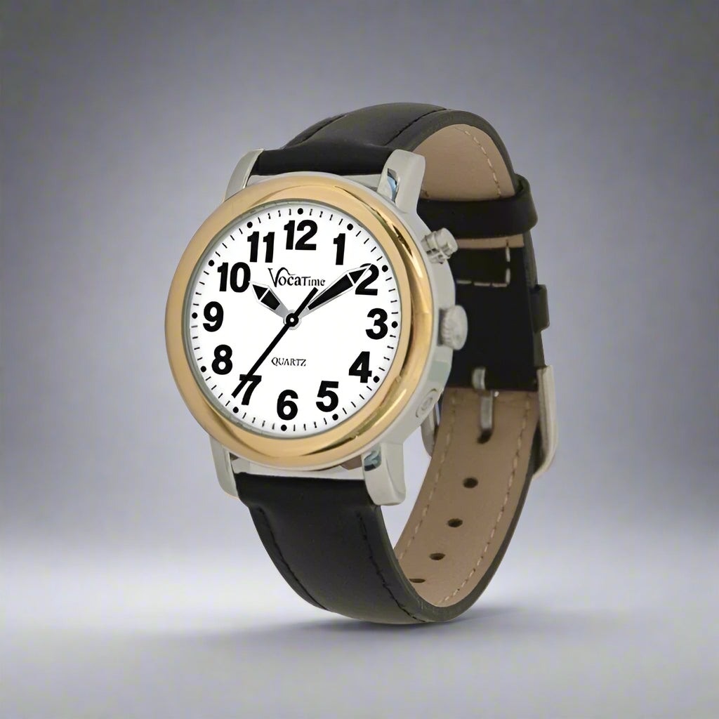 Talking Men's Watch – Bi-Color with Black Leather Band | Low Vision Aid