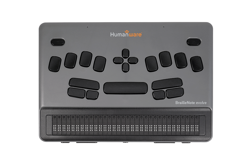 Humanware BrailleNote Evolve 32 device features a braille keyboard and display for reading and writing.
