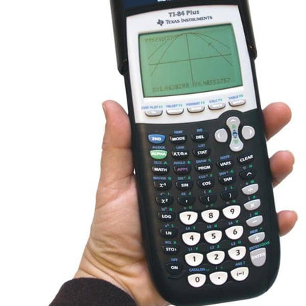 Orion TI-84 Plus – Talking Graphing Calculator held in hand showing the screen and buttons.