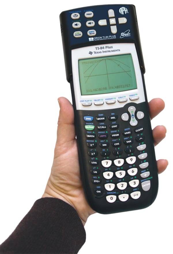 Orion TI-84 Plus – Talking Graphing Calculator held in hand showing the screen and buttons.