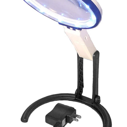 Hands-Free Folding Stand Magnifier 12 LED with adjustable stand and power adapter.