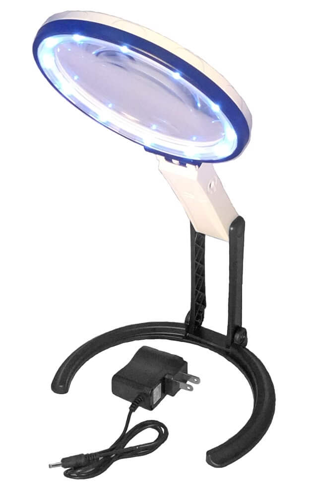 Hands-Free Folding Stand Magnifier 12 LED with adjustable stand and power adapter.