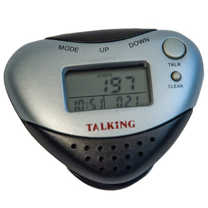 Talking pedometer with alarm showing step count and features.