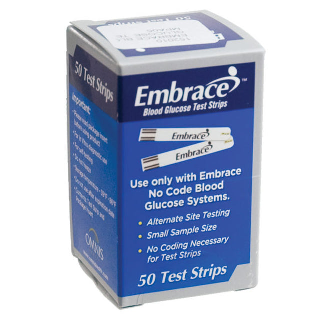 Embrace Blood Glucose Test Strips package containing 50 test strips for use with Embrace No Code Blood Glucose Systems.