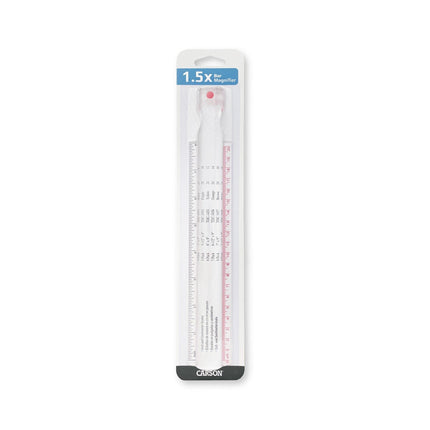 8 inch bar magnifier with ruler in packaging for easy reading and measuring, featuring 1.5x magnification.