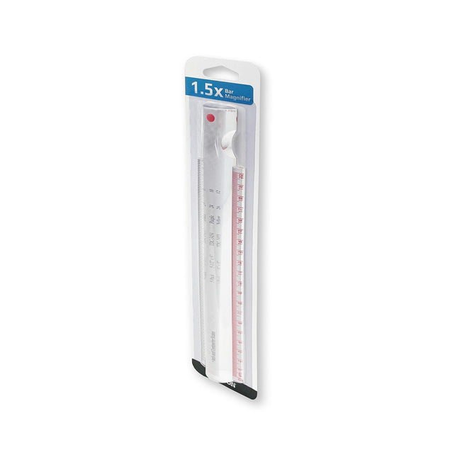 1.5x Magnification 8 inch bar magnifier with ruler and handle in packaging