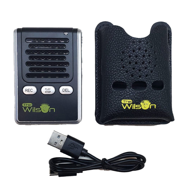 The Wilson Voice Recorder VERSION #12 with protective case and USB cable for digital voice recording.