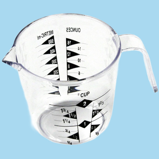 clear two-cup measuring cup with black measurement markings for easy visibility and convenient pouring spout