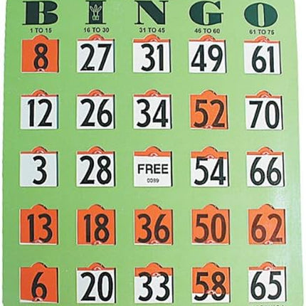 Easy Read Finger Tip Bingo Card - Green featuring large numbers and slide down red markers, ideal for low vision players.