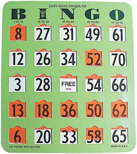 Easy Read Finger Tip Bingo Card - Green featuring large numbers and slide down red markers, ideal for low vision players.