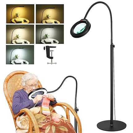 Magnifying floor lamp with LED light used by an elderly woman knitting, showcasing different light modes and flexibility.