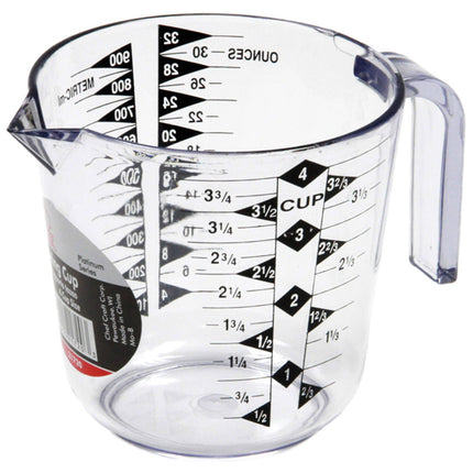 Four-cup clear measuring cup with easy-to-read black graduations for accurate measuring and pouring.