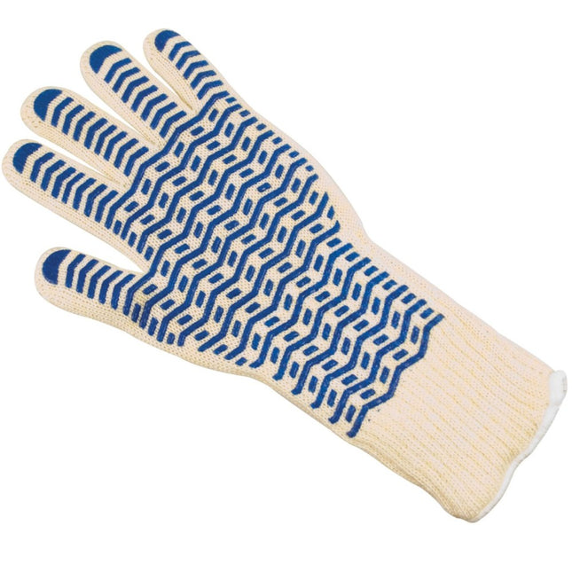 Extra long oven glove 15 inch featuring a nonslip silicone grip for maximum heat protection.