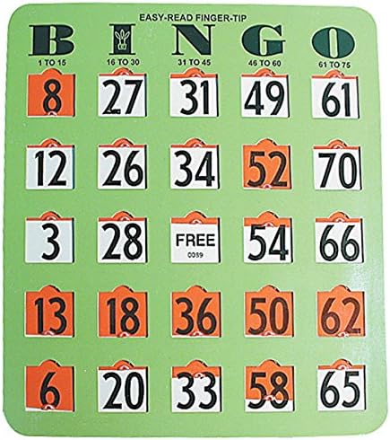 Easy Read Finger Tip Bingo Card - Green featuring bold numbers and slide down red markers, ideal for low vision users.
