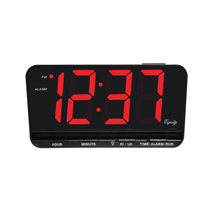 Jumbo display digital alarm clock showing red LED time 12:37 with alarm and adjustable features.