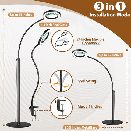 Magnifying floor lamp with LED light showcasing installation modes and features like 24-inch flexible gooseneck.