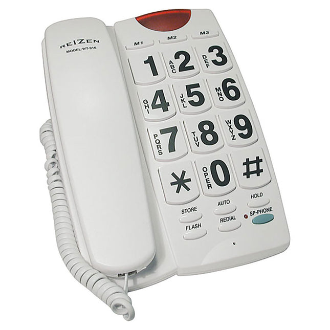 Large button phone for seniors with white body and black numbers for easy dialing.