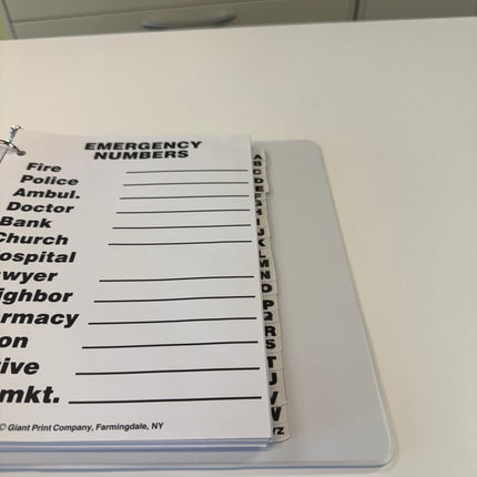 Large print address book for low vision featuring an emergency numbers page and easy-to-read layout.