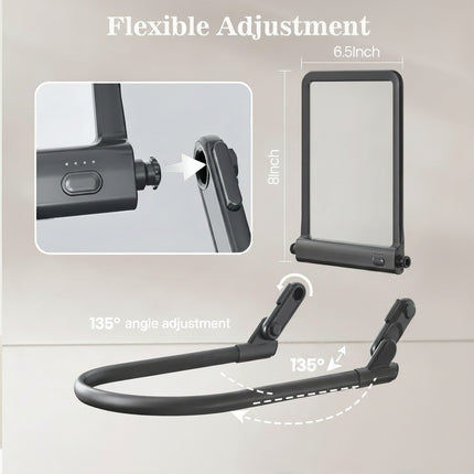 Black flexible phone mount shown on a light beige background with text reading 'Flexible Adjustment' and dimension callouts indicating 6.8 inch width, 8 inch height, 135° bend, 360° rotation, and an inset close-up of the mounting adjustment.