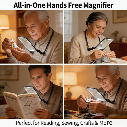 A four-panel promotional collage showing people using a hands-free magnifying neck lamp in warm indoor settings. The panels depict an older man reading a medicine bottle, an older woman sewing, a man reading an instruction book, and an older man examining a watch.