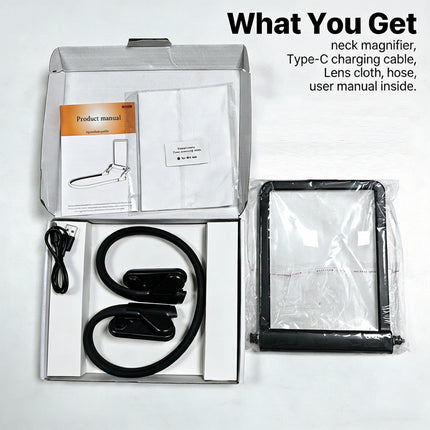 Product packaging with neck magnifier, Type-C charging cable, lens cloth, hose, and user manual on a white background.