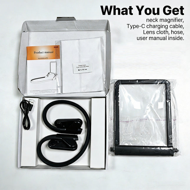 Product packaging with neck magnifier, Type-C charging cable, lens cloth, hose, and user manual on a white background.