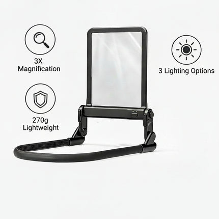 Black adjustable LED light panel with a foldable stand and a rectangular diffuser, shown on a white background with feature icons and text including '3X HD Lens,' '270g Lightweight,' 