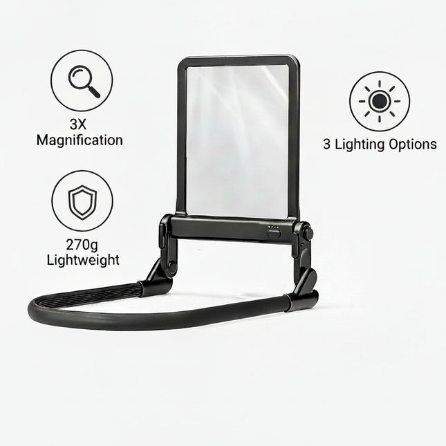 Black adjustable LED light panel with a foldable stand and a rectangular diffuser, shown on a white background with feature icons and text including '3X HD Lens,' '270g Lightweight,' 
