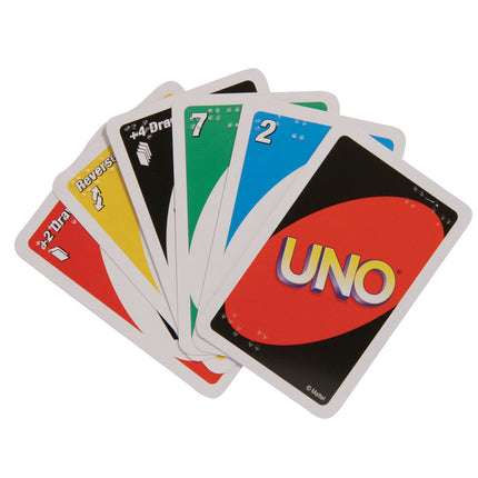 UNO Braille card game for blind players featuring colorful cards with Braille markings for inclusive gameplay.