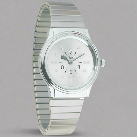 A silver-colored analog watch with a metallic expansion band and a clear crystal face displaying black numerals and a silver tone expansion band.