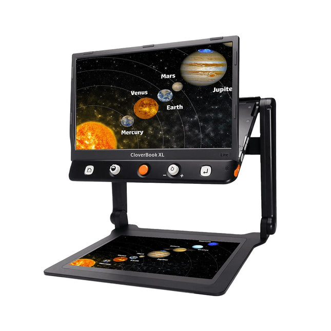 CloverBook Lite XL digital magnifier displaying planets in the solar system with adjustable stand.