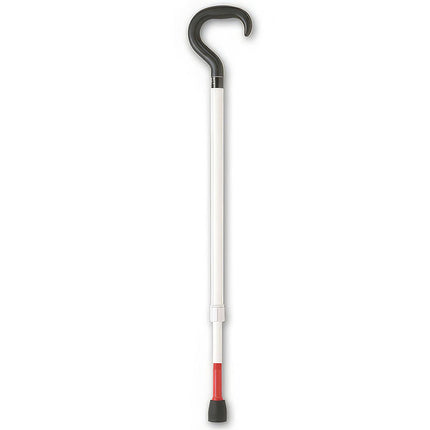 Adjustable support cane with classic handle, white-red design, adjustable height from 33" to 41".