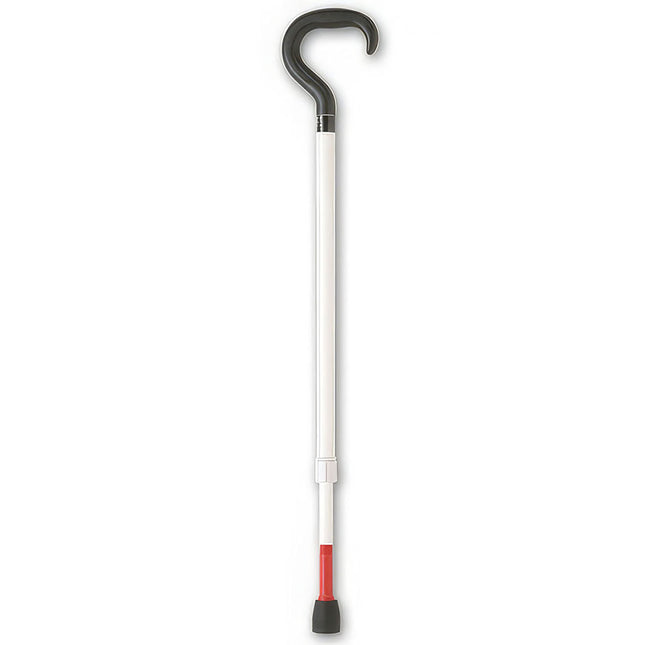 Adjustable support cane with classic handle, white-red design, adjustable height from 33" to 41".