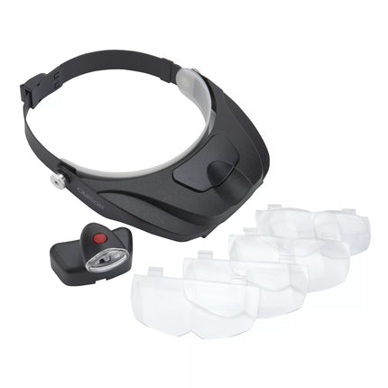 MagniVisor Deluxe LED lighted head magnifier with interchangeable lenses and integrated LED lighting.