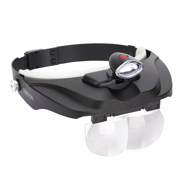 MagniVisor Deluxe LED lighted head magnifier featuring integrated LED lighting and interchangeable lenses.