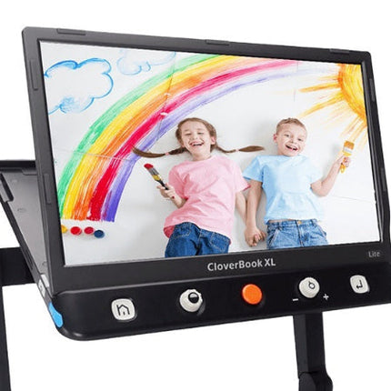 CloverBook Lite XL screen displaying two children painting a rainbow, highlighting its low vision support features.