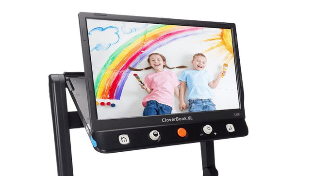 CloverBook Lite XL screen displaying two children painting a rainbow, highlighting its low vision support features.