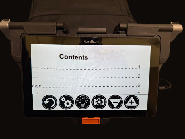 used HumanWare Connect 12 video magnifier display showing menu contents and control buttons