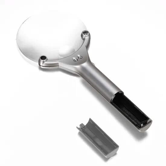Frameless Handheld Magnifier 2X Dual-Light LED Illuminated Magnifying Glass with sleek design and dual LED lights.