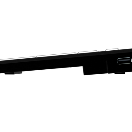 Large Print Keyboard for Windows side view showcasing slimline design and USB-C port for connectivity.