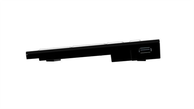 Large Print Keyboard for Windows side view showcasing slimline design and USB-C port for connectivity.