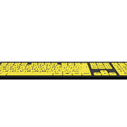 Large Print Slimline Keyboard with black keys and yellow letters, designed for enhanced visibility and accessibility.
