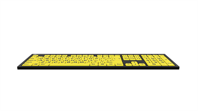 Large Print Slimline Keyboard with black keys and yellow letters, designed for enhanced visibility and accessibility.