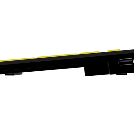 Large Print Slimline Keyboard shown from the side, featuring black body and yellow keys, ideal for Windows users.