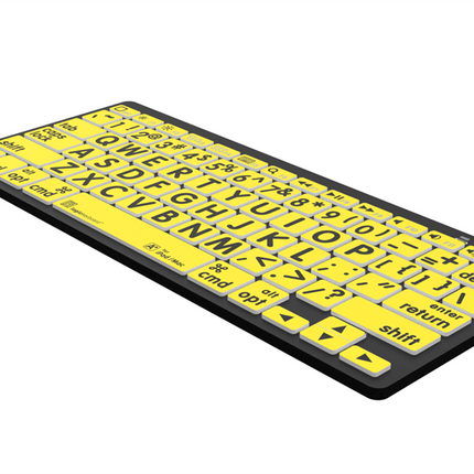 Large Print - Black on Yellow Mini Bluetooth Keyboard - Mac with oversized black characters on a yellow background.