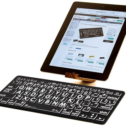 Large Print Bluetooth keyboard showcased with an iPad displaying its accessible features.