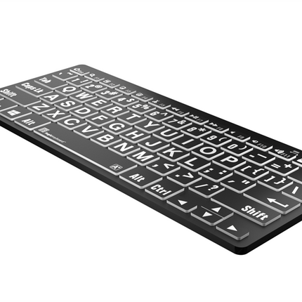 Large Print Bluetooth keyboard with white letters on black keys, ideal for accessibility and ease of use.